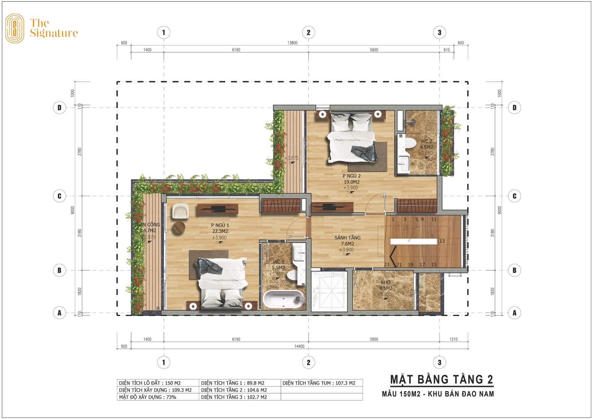 mặt bằng tầng 2 biệt thự the signature đại lải 150m2