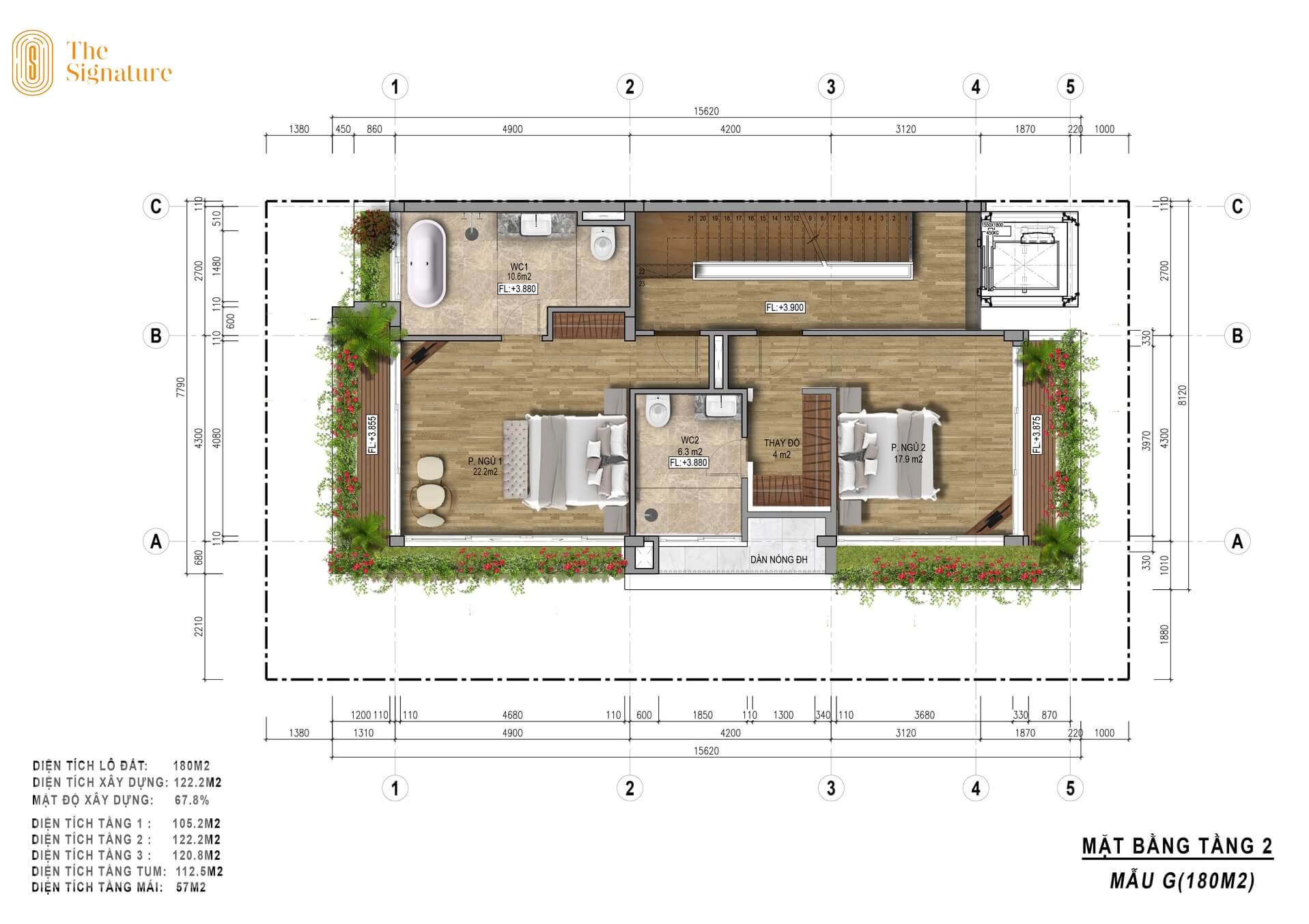 mặt bằng tầng 2 biệt thự the signature 180m2