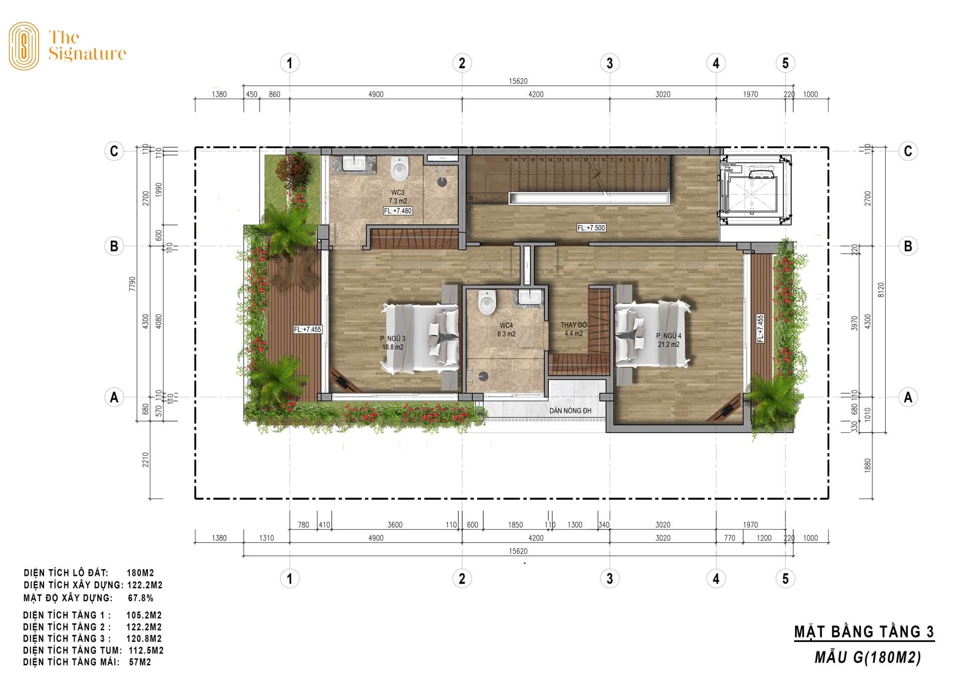 mặt bằng tầng 3 biệt thự the signature 180m2